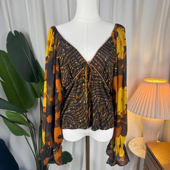 Anthropologie CONDITIONS APPLY Boho Statement Sleeves Smocked Blouse Large - Picture 1 of 9